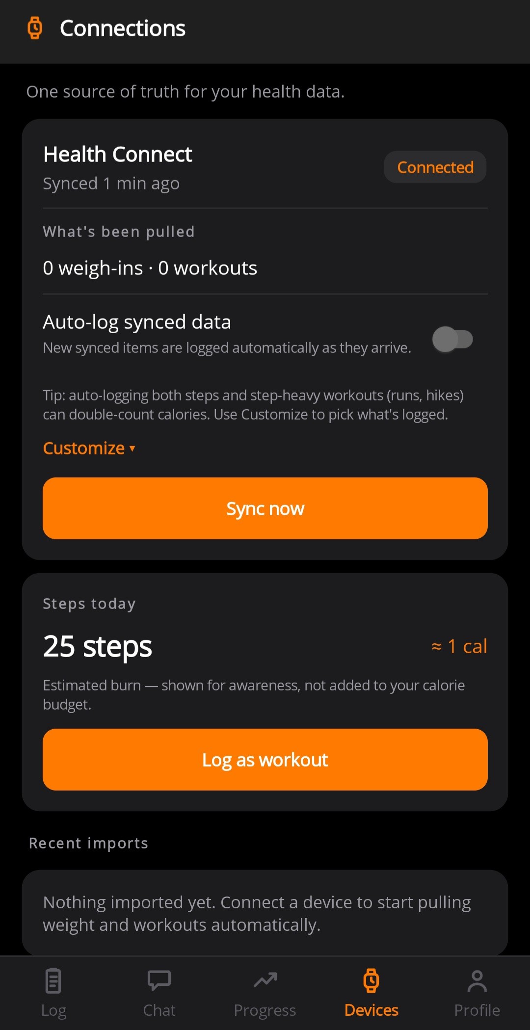 Connections screen syncing weight, workouts, steps, and sleep from a health hub